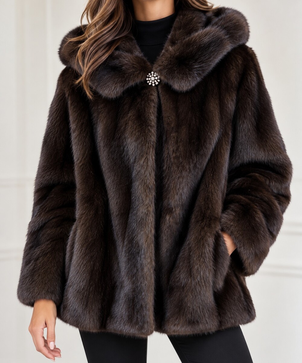 Genuine Mink Fur Coat Women’s M Dark Brown Hooded Jacket Pockets